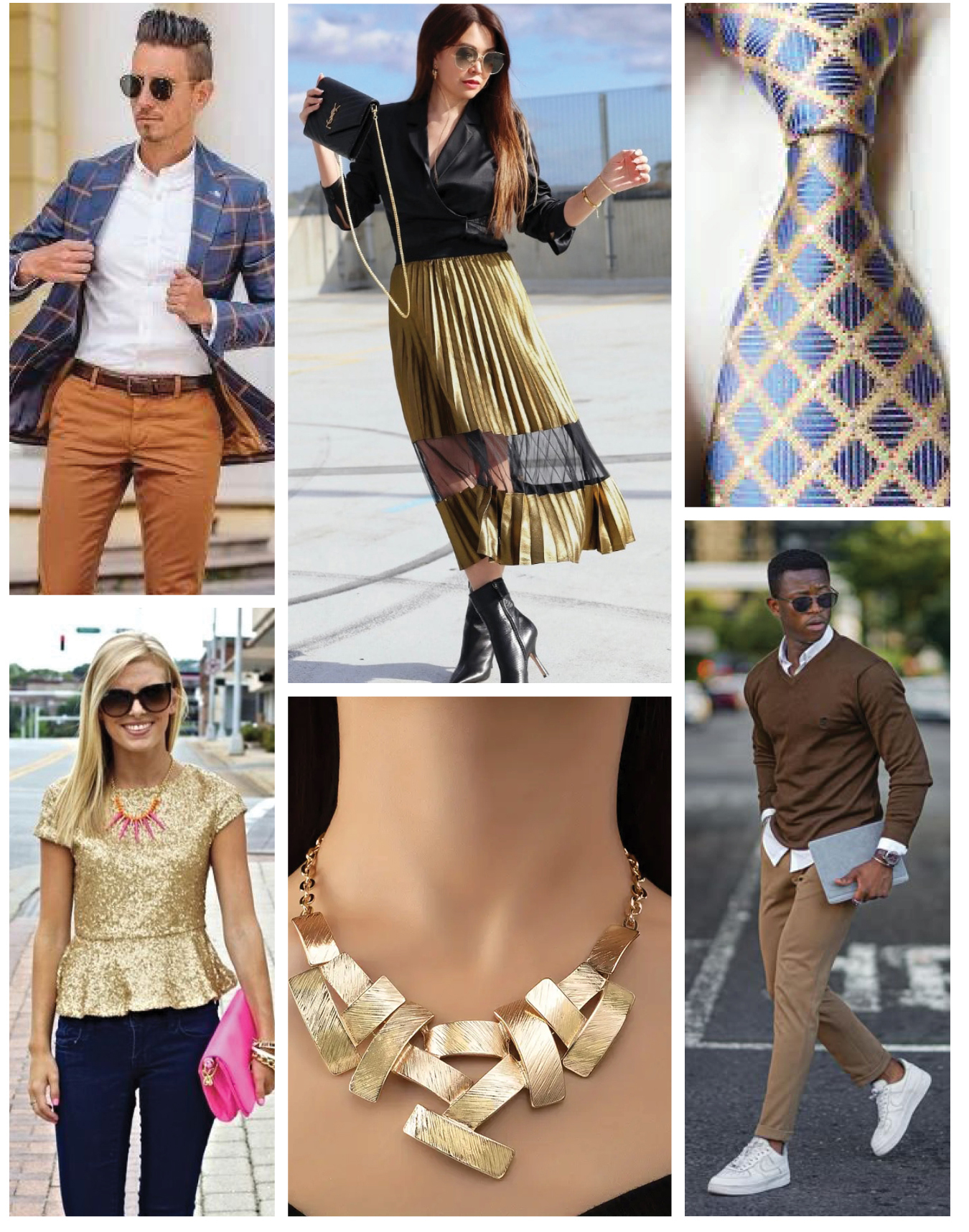 collage of photos depicting possible Gala outfits using gold for men and women